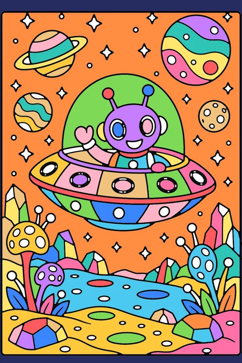Color idea: the alien flying saucer coloring page already colored in