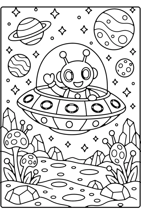 Alien coloring page for older kids – a cute alien with antennae waving from a flying saucer with a glass dome and oval lights over an alien planet with odd plants, rocks and planets