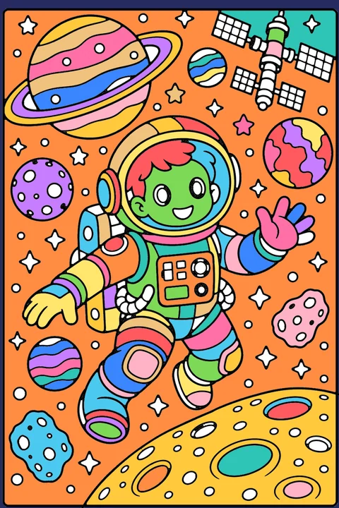 Color idea: the astronaut in space coloring page already colored in