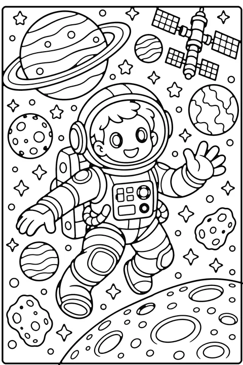 Astronaut coloring page for older kids – a smiling astronaut in a space suit floating in space with a ringed planet, smaller planets, stars, a cratered moon and a space station