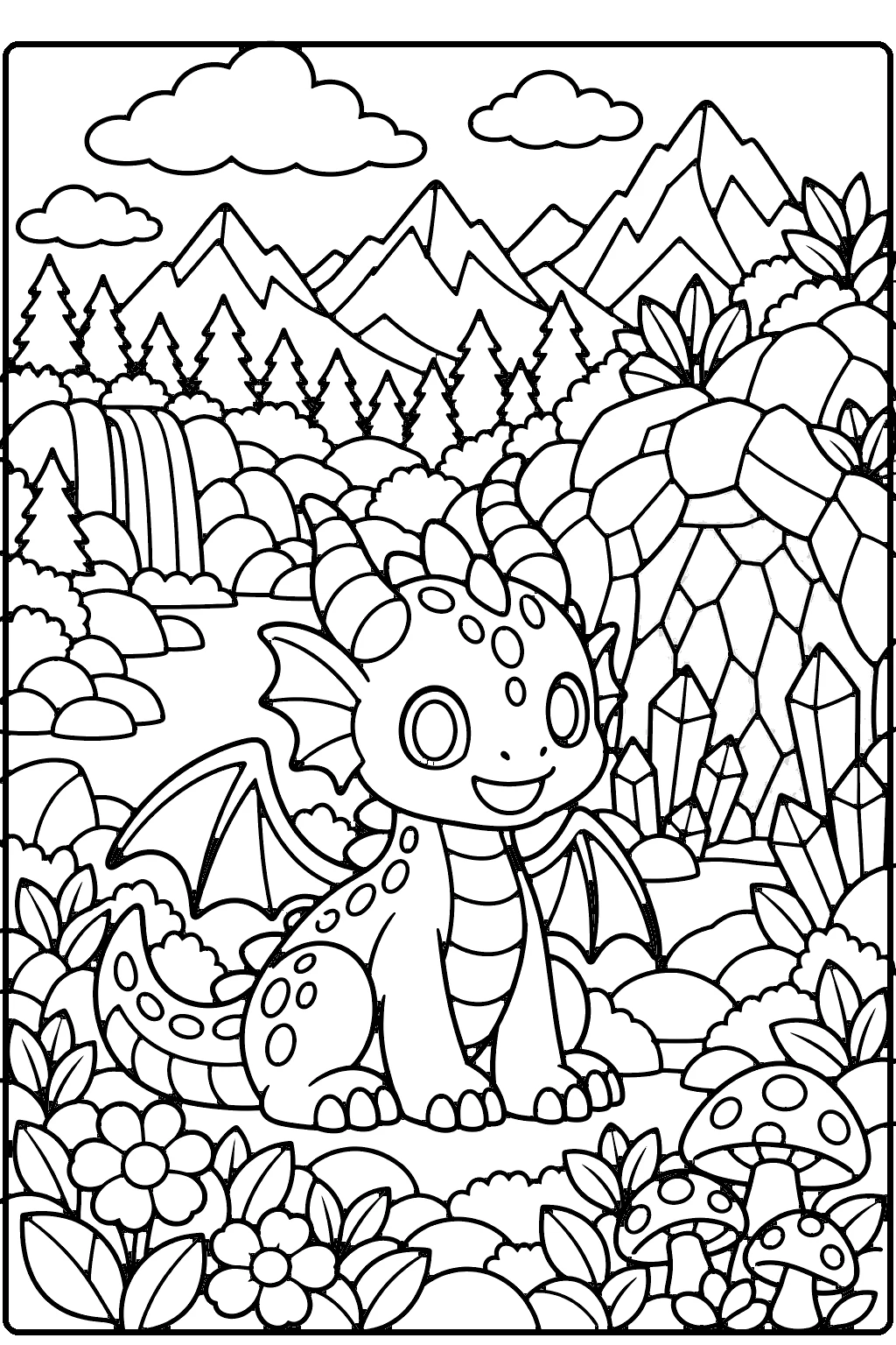 Baby dragon coloring page for older kids – a cute baby dragon with small wings sitting outside a cave full of crystals, with mountains, a waterfall, mushrooms and flowers