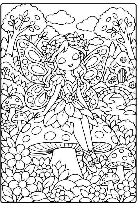 Fairy coloring page for older kids – a smiling fairy with patterned butterfly wings sitting on a big spotted mushroom in an enchanted garden full of flowers and trees