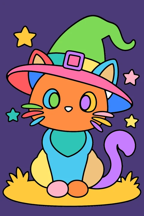 Color idea: the cat in a witch hat coloring page already colored in