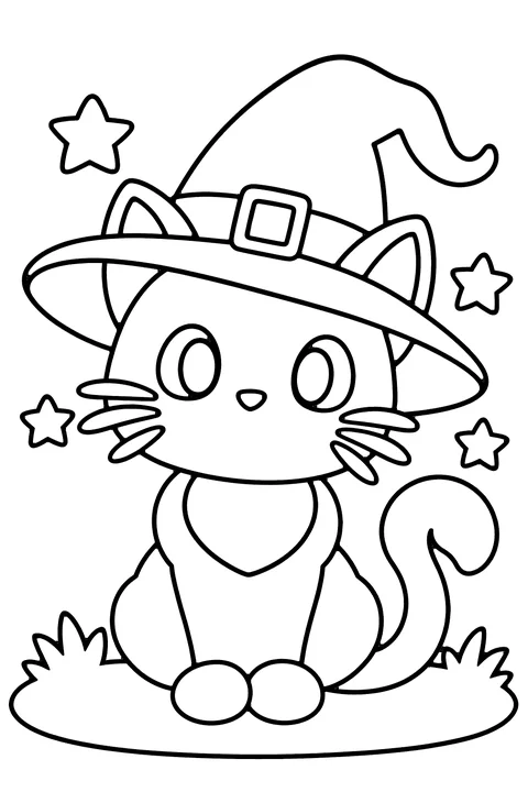Cat in a witch hat coloring page for kids – a cute cartoon cat wearing a big pointed witch hat, sitting on grass with stars around it