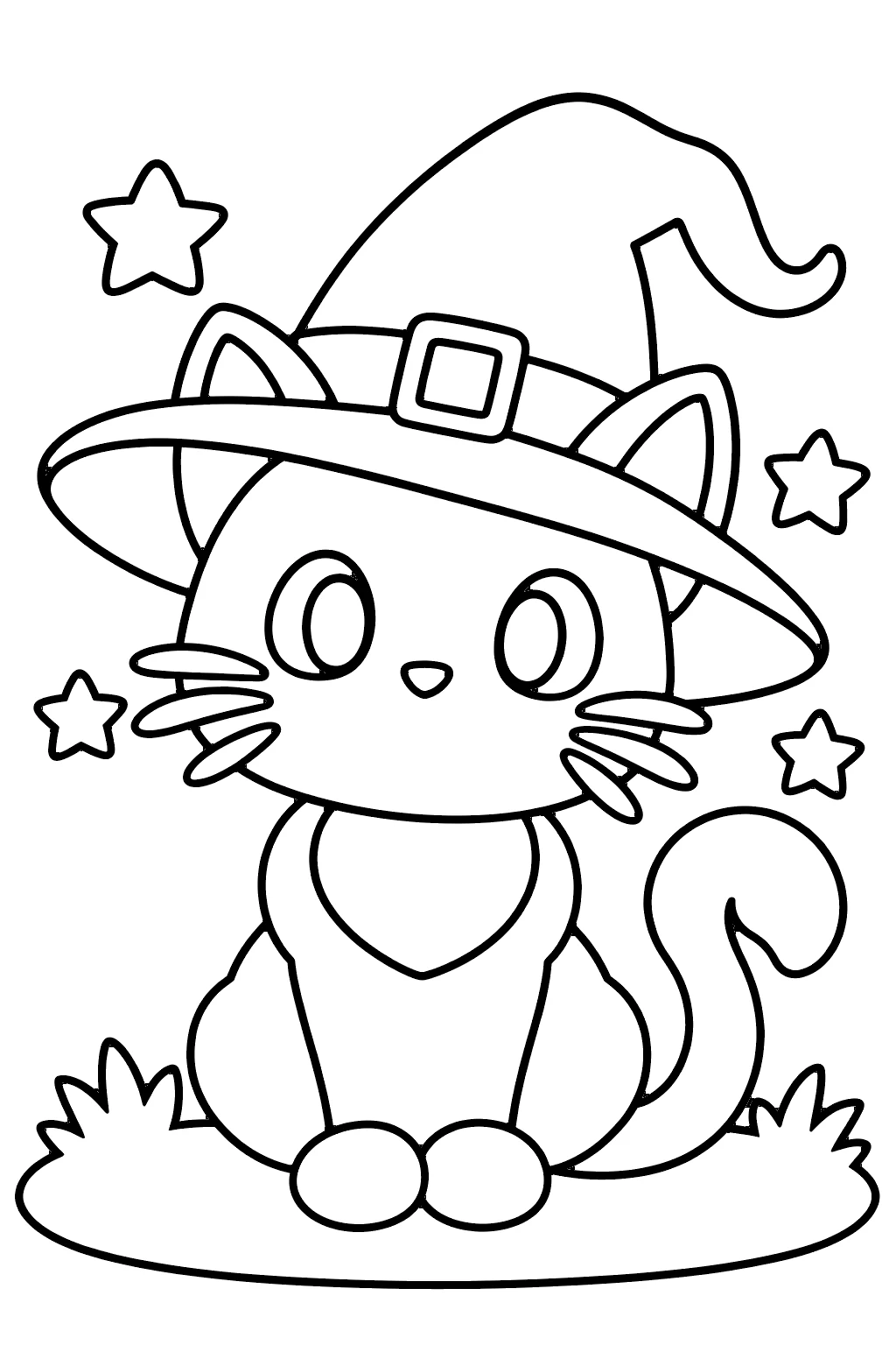 Cat in a witch hat coloring page for kids – a cute cartoon cat wearing a big pointed witch hat, sitting on grass with stars around it