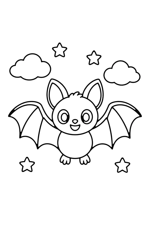 Cute bat coloring page for kids – a smiling cartoon bat with big eyes and wide scalloped wings, flying between clouds and stars
