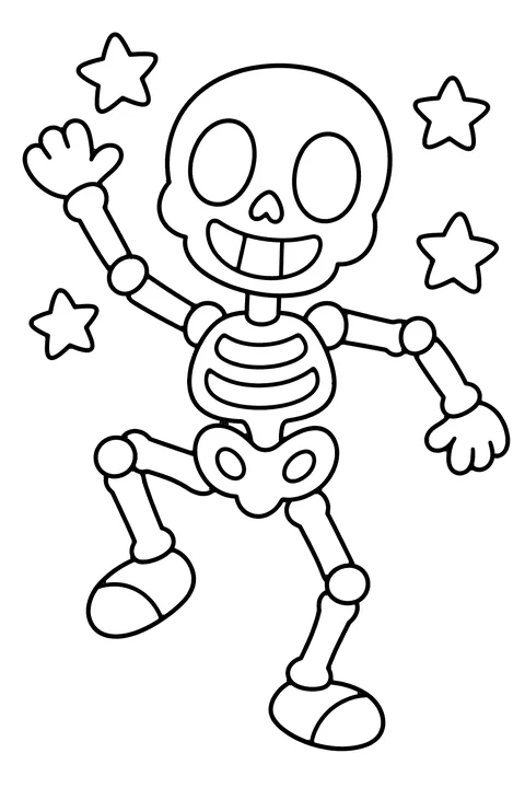 Dancing skeleton coloring page for kids – a happy cartoon skeleton with a toothy smile kicking one leg up, surrounded by stars