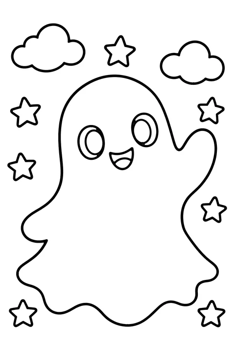 Friendly ghost coloring page for kids – a smiling cartoon ghost waving hello, with two clouds and six stars