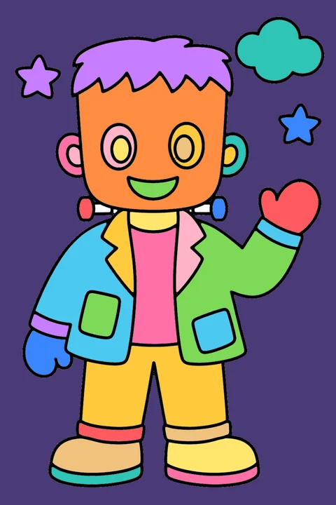 Color idea: the friendly monster kid coloring page already colored in