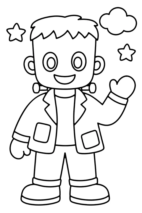 Friendly monster kid coloring page – a smiling Frankenstein-style cartoon monster with neck bolts, a patched jacket and boots, waving hello