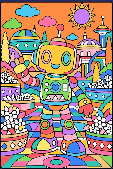 Color idea: the friendly robot coloring page already colored in