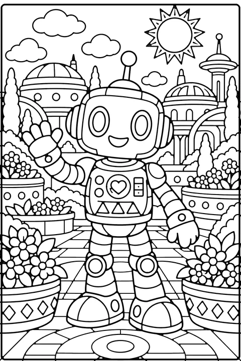 Robot coloring page for older kids – a friendly robot with a square head, antenna and patterned chest panel waving in a futuristic garden with domed buildings, a tiled walkway and flower pots
