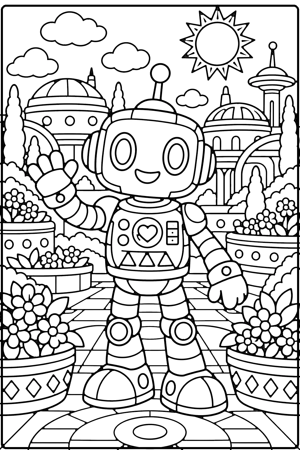 Robot coloring page for older kids – a friendly robot with a square head, antenna and patterned chest panel waving in a futuristic garden with domed buildings, a tiled walkway and flower pots