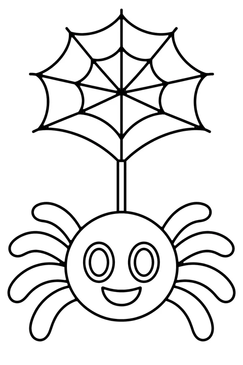 Friendly spider coloring page for kids – a round smiling cartoon spider with eight curvy legs hanging from a spider web