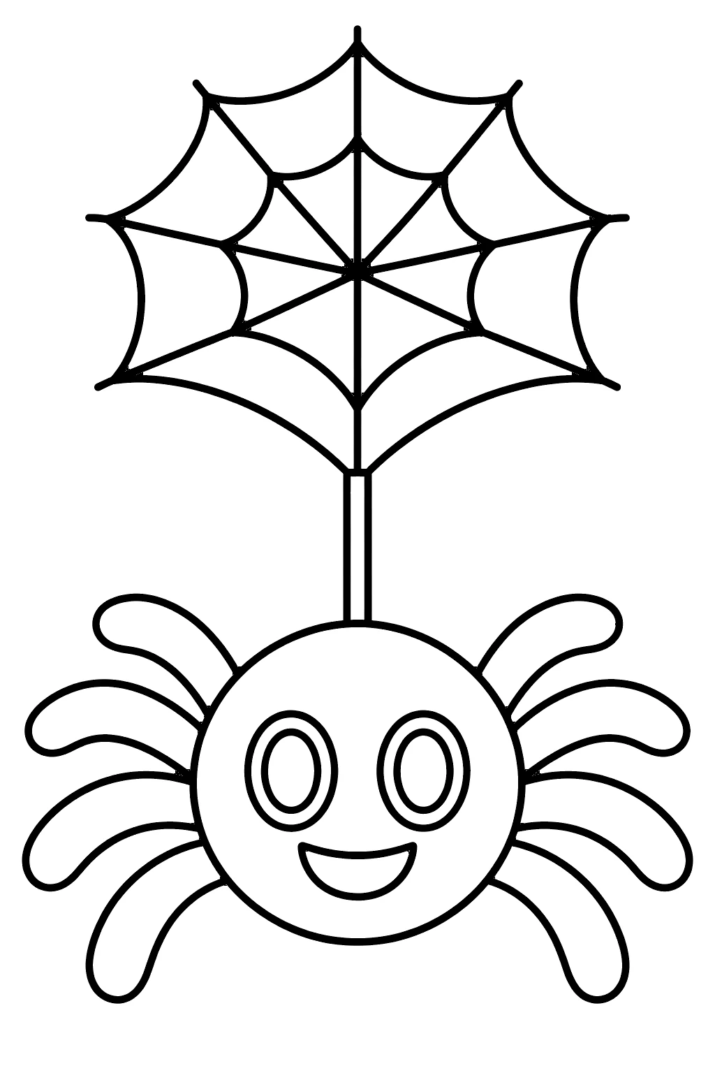 Friendly spider coloring page for kids – a round smiling cartoon spider with eight curvy legs hanging from a spider web
