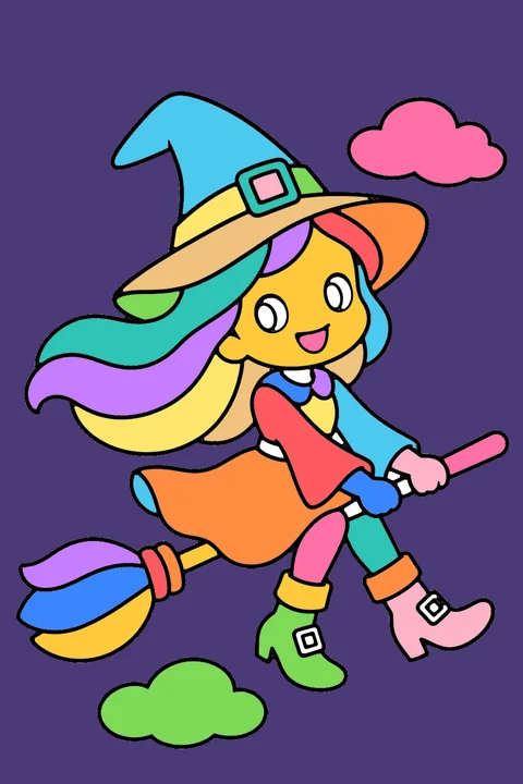 Color idea: the flying witch coloring page already colored in