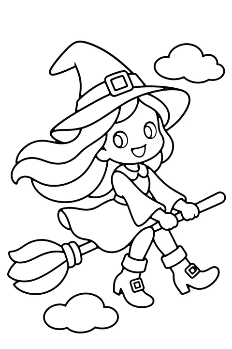 Flying witch coloring page for kids – a happy young witch with long flowing hair riding a broomstick between clouds
