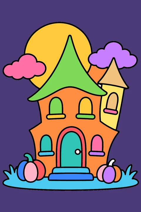 Color idea: the haunted house coloring page already colored in