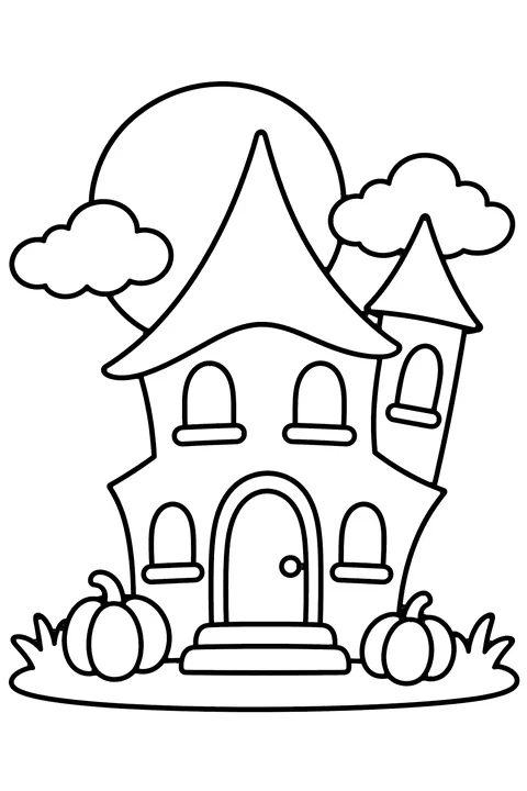 Haunted house coloring page for kids – a crooked cartoon house with a pointed roof and tower, a full moon, clouds and two pumpkins