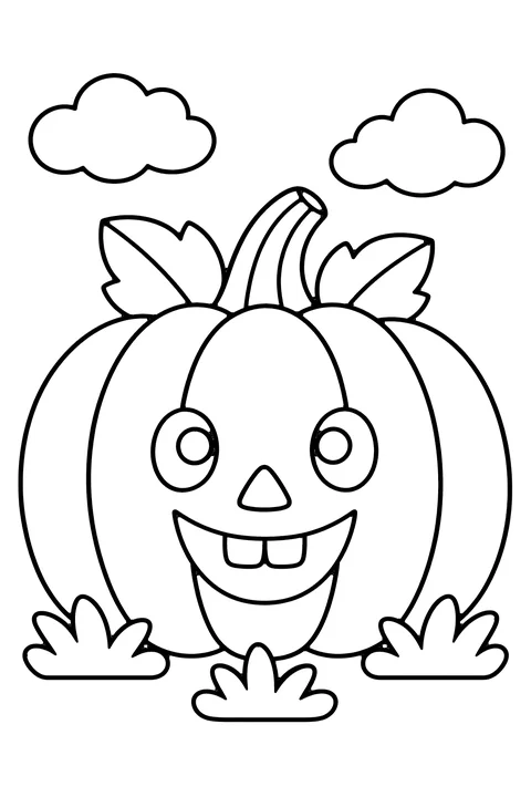 Jack-o'-lantern coloring page for kids – a big smiling carved pumpkin with round eyes and a toothy grin, leaves, clouds and grass