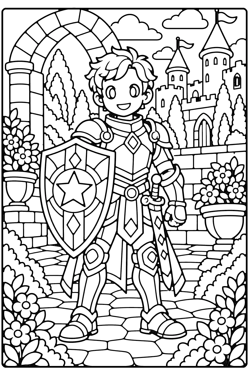 Knight coloring page for older kids – a friendly young knight in rounded armor holding a shield with a star emblem in a castle courtyard with a stone arch, towers and flowers