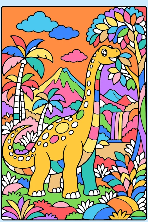 Color idea: the long-neck dinosaur coloring page already colored in