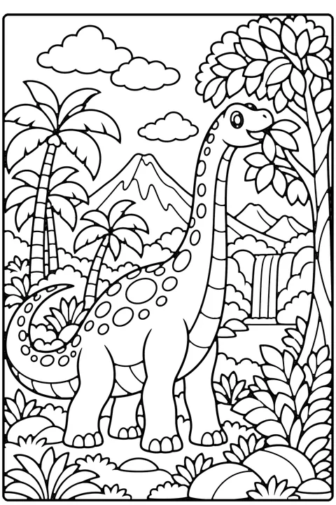 Long-neck dinosaur coloring page for older kids – a gentle smiling sauropod with oval spots eating leaves from a tall tree in a prehistoric forest with palms, ferns and mountains