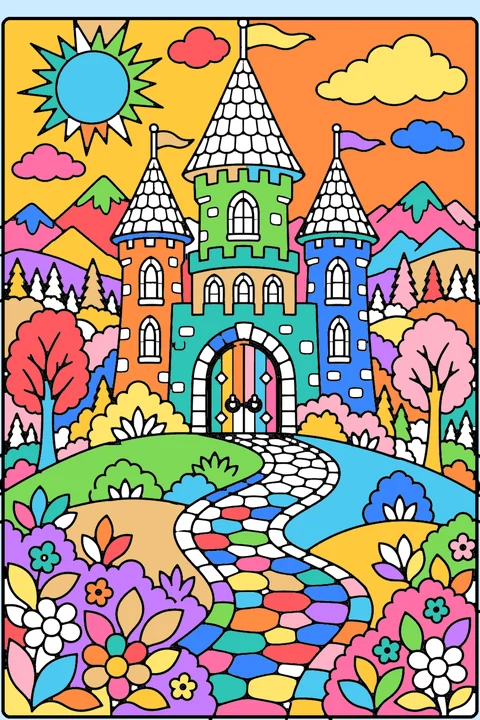 Color idea: the magical castle coloring page already colored in