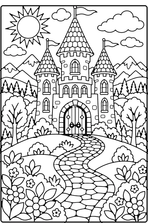 Castle coloring page for older kids – a magical castle with three tall towers and tiled pointed roofs on a hill, with a winding stone path, trees, flowers, mountains and the sun