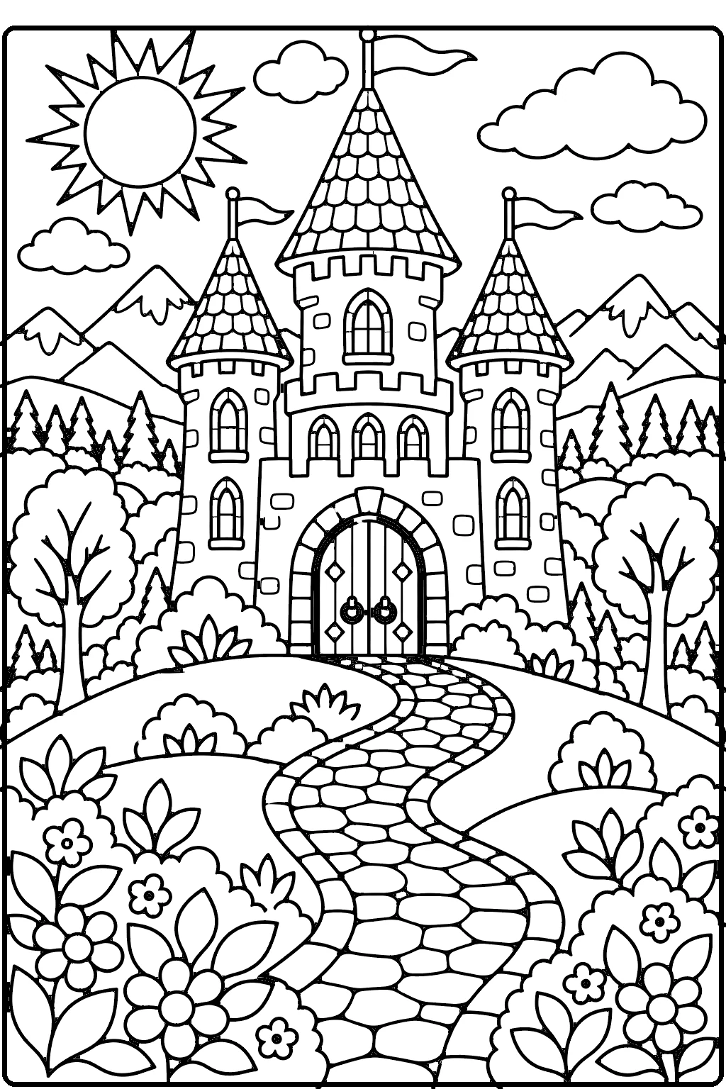 Castle coloring page for older kids – a magical castle with three tall towers and tiled pointed roofs on a hill, with a winding stone path, trees, flowers, mountains and the sun