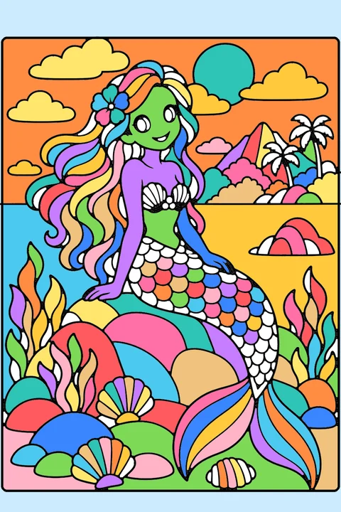 Color idea: the mermaid on a rock coloring page already colored in