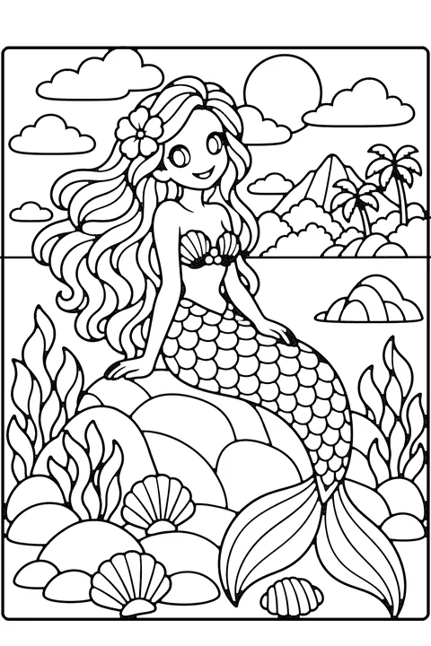 Mermaid coloring page for older kids – a smiling mermaid with long flowing hair sitting on a rock, with a scaly tail, seashells, seaweed, waves and a distant island
