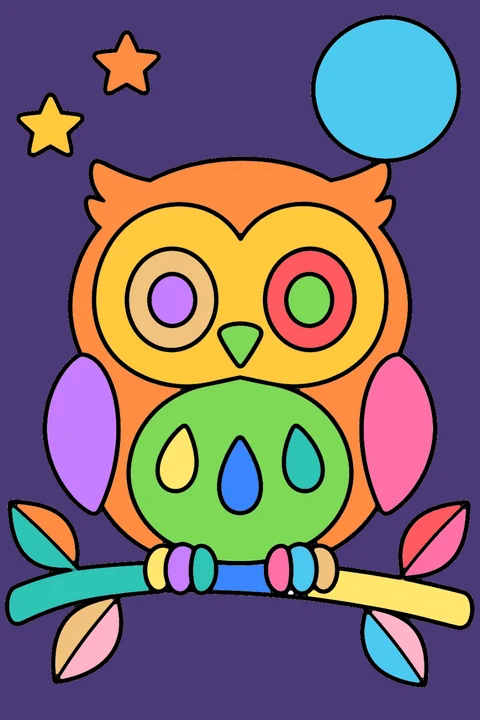 Color idea: the owl on a branch coloring page already colored in