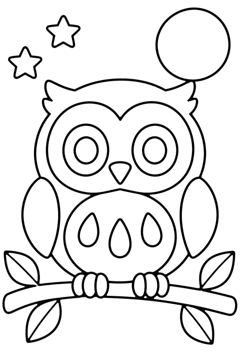 Owl coloring page for kids – a big-eyed cartoon owl perched on a leafy branch under a full moon with stars