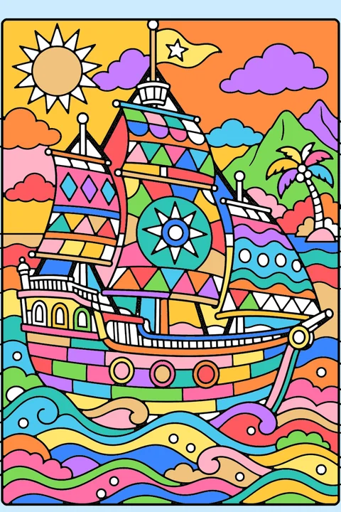 Color idea: the pirate ship coloring page already colored in