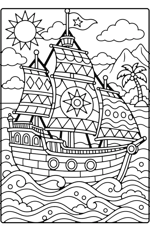 Pirate ship coloring page for older kids – a friendly storybook pirate ship with patterned sails and a star flag on big waves, with an island, palm tree, mountains and the sun