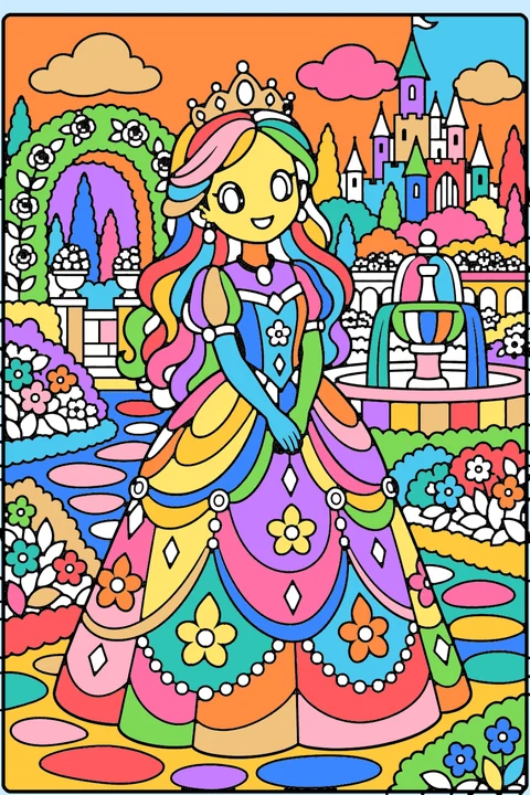 Color idea: the princess in the garden coloring page already colored in