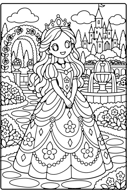 Princess coloring page for older kids – a smiling princess with a crown and a long patterned dress in a royal garden with a fountain, flower beds, an arch and a castle in the distance