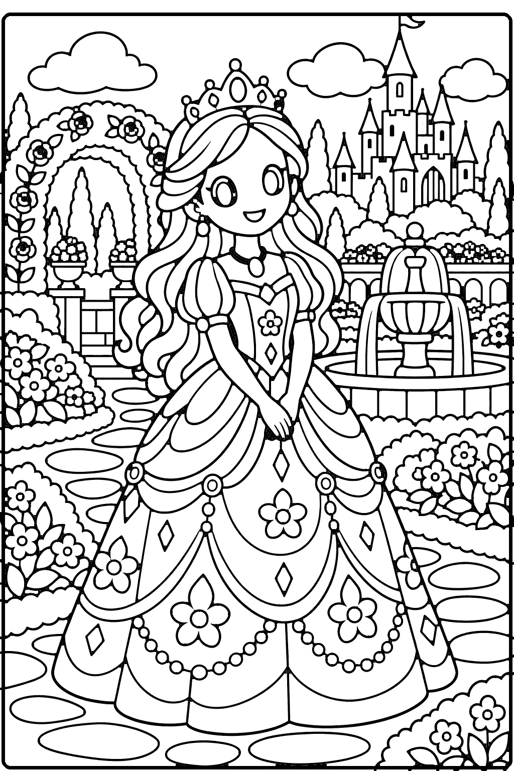 Princess coloring page for older kids – a smiling princess with a crown and a long patterned dress in a royal garden with a fountain, flower beds, an arch and a castle in the distance