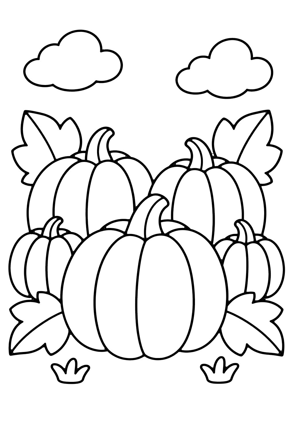 Pumpkin patch coloring page for kids – five round pumpkins of different sizes with leaves and vines, clouds and grass