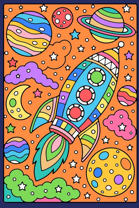 Color idea: the rocket and planets coloring page already colored in