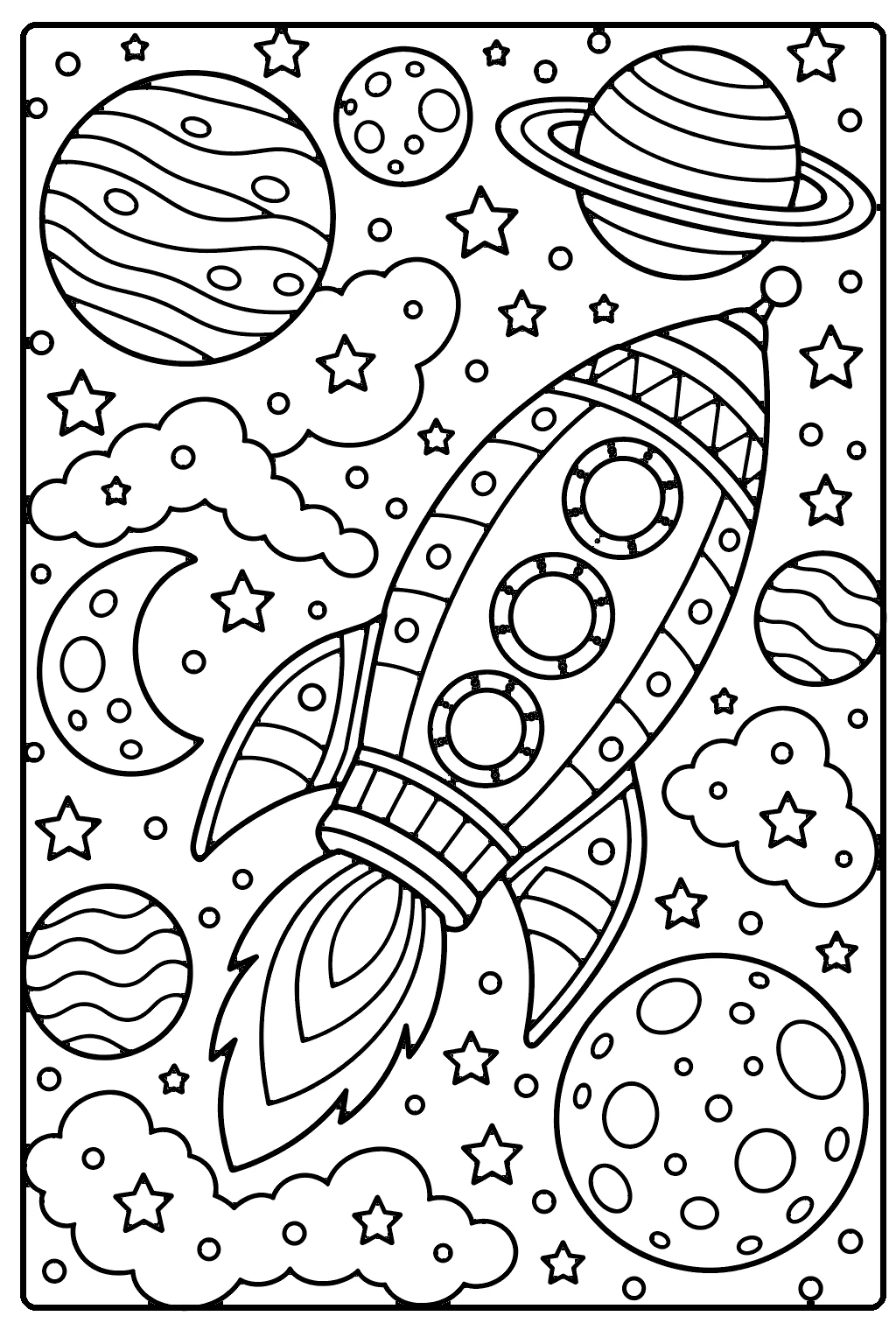 Rocket coloring page for older kids – a rounded rocket with portholes and geometric panels flying past striped planets, a ringed planet, moons, stars and puffy space clouds