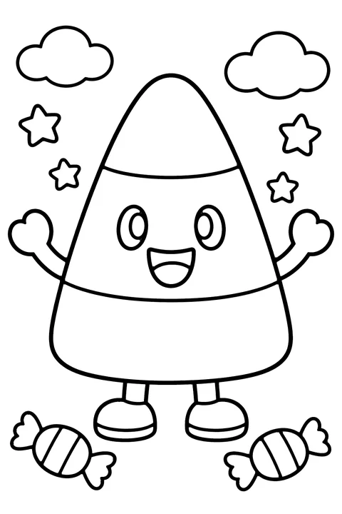 Candy corn coloring page for kids – a smiling cartoon candy corn character with arms and shoes, wrapped candies, clouds and stars