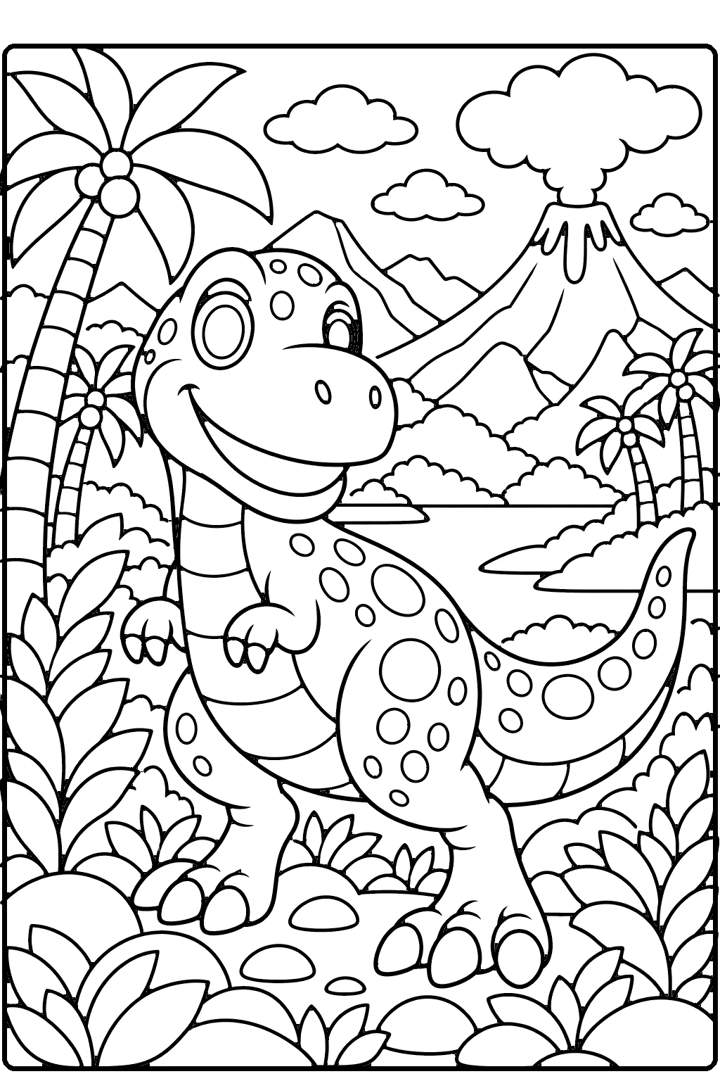 T-rex coloring page for older kids – a cute smiling Tyrannosaurus rex with big spots on its body in a prehistoric scene with a volcano, palm trees, ferns, rocks and mountains