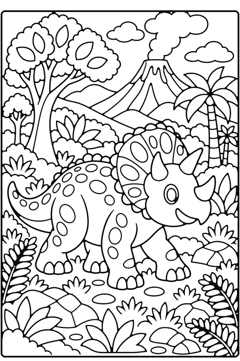 Triceratops coloring page for older kids – a friendly triceratops with three horns and a patterned frill walking through a prehistoric meadow with trees, ferns, rocks and a volcano