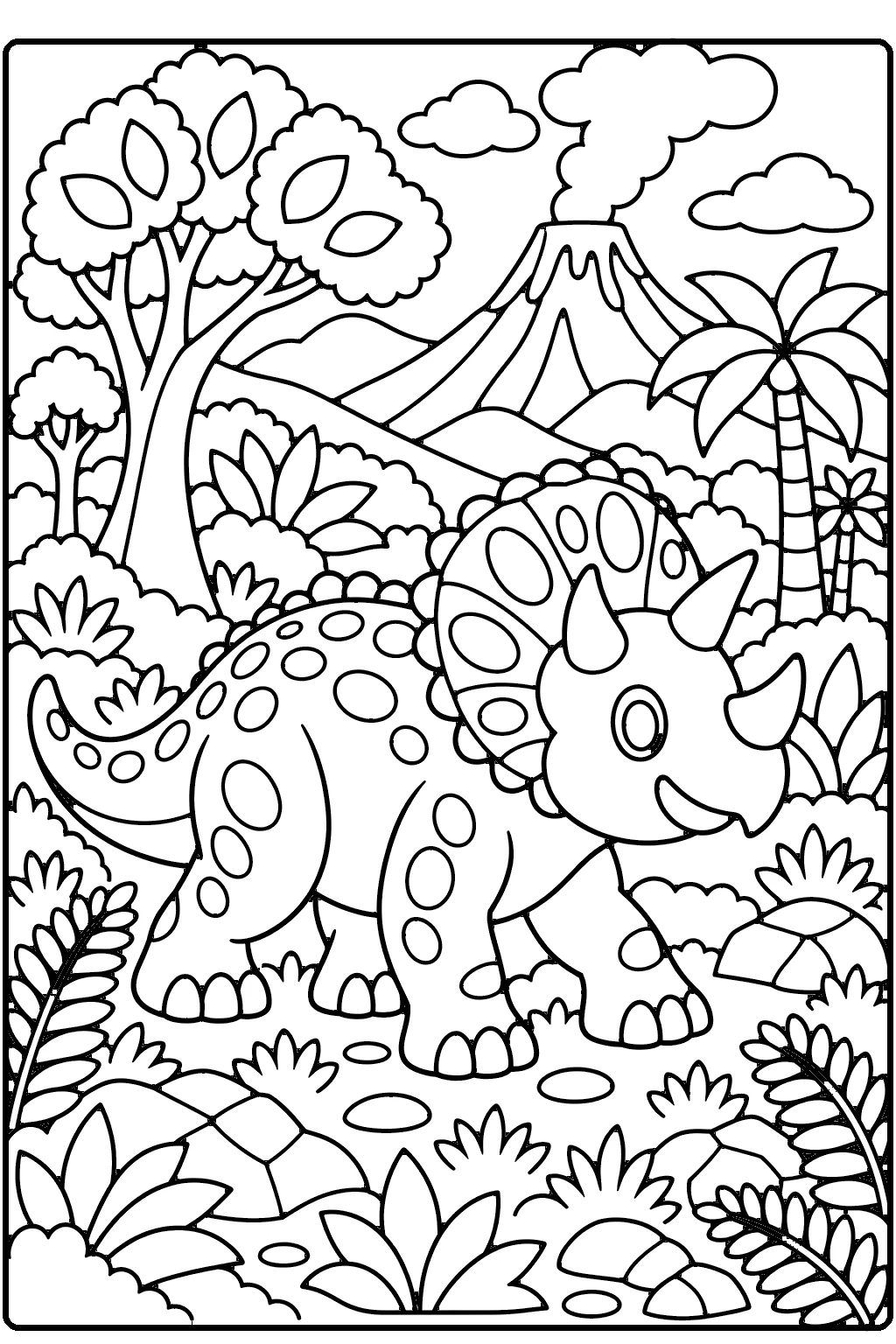 Triceratops coloring page for older kids – a friendly triceratops with three horns and a patterned frill walking through a prehistoric meadow with trees, ferns, rocks and a volcano