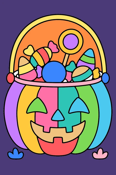 Color idea: the trick-or-treat bucket coloring page already colored in