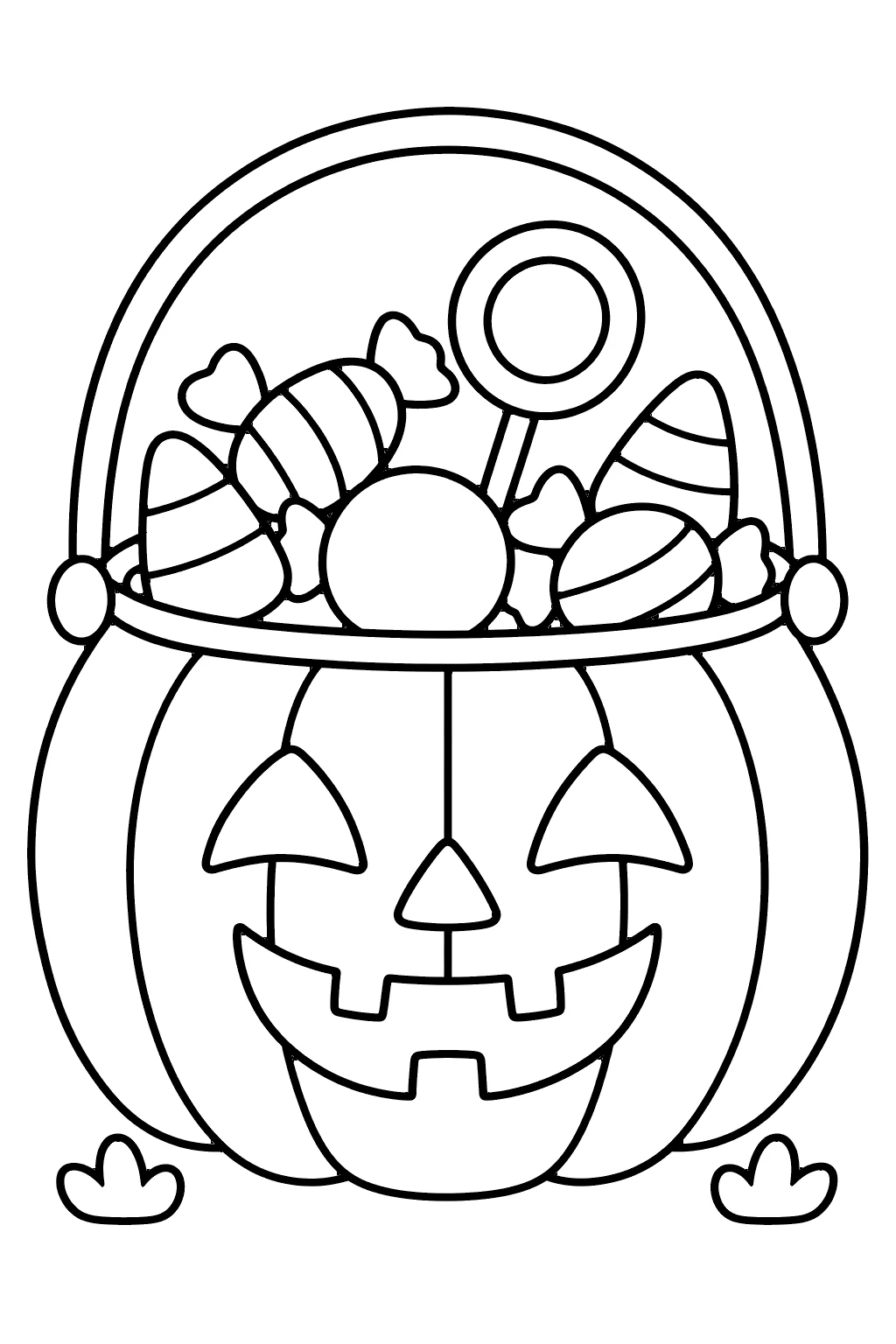 Trick-or-treat bucket coloring page for kids – a jack-o'-lantern candy basket overflowing with wrapped sweets, candy corn and a lollipop