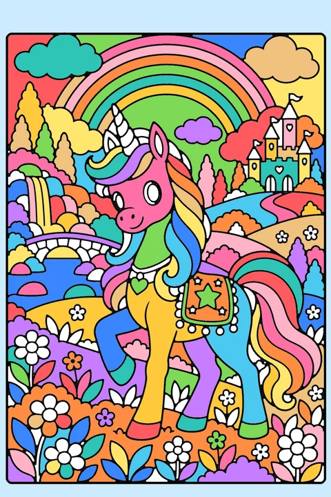Color idea: the unicorn and rainbow coloring page already colored in
