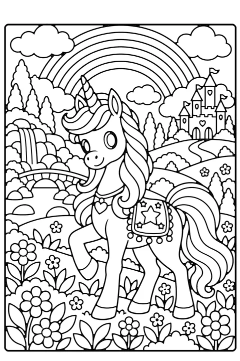 Unicorn coloring page for older kids – a cute unicorn with a flowing mane and star saddle blanket in a meadow under a big rainbow, with a castle, hills and flowers